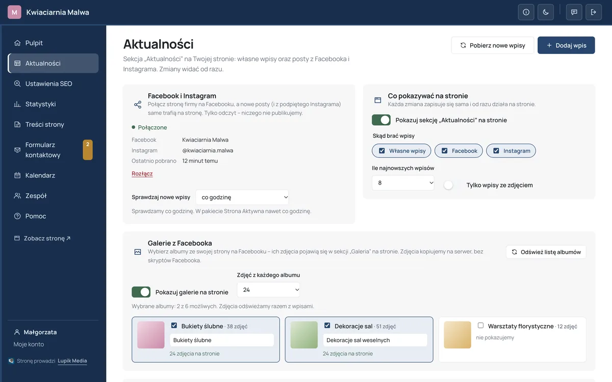 Panel LupikCMS, zakładka Aktualności: połączona strona na Facebooku i konto na Instagramie, przycisk Rozłącz, lista wpisów z przełącznikami „na stronie”